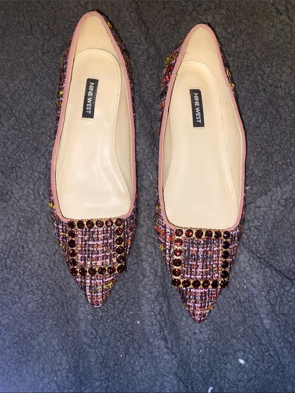 Nine West Pink Tweed Pointed Flats with Burgundy Crystal Accents